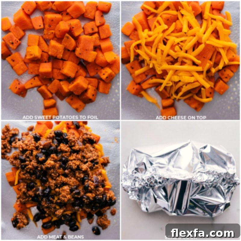 Foil packets being assembled with layers of sweet potatoes, cheese, and taco meat, then sealed tightly.