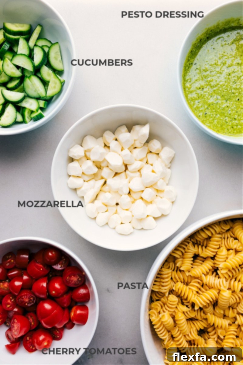 Fresh Pesto Pasta Delight 3 A beautifully arranged flat lay of all the fresh ingredients required to make the Pesto Pasta Salad, including raw rotini, bright cherry tomatoes, sliced cucumbers, fresh mozzarella pearls, and a jar of vibrant green pesto.