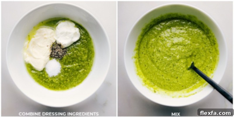 Fresh Pesto Pasta Delight 4 Step-by-step image showcasing the preparation of the creamy pesto pasta salad dressing, with basil pesto, mayonnaise, sour cream, Dijon mustard, and lemon juice being combined in a medium bowl.