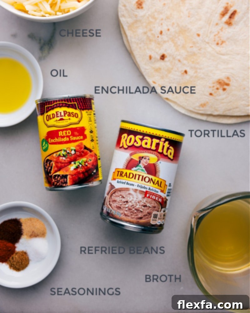 Ingredient shot showing all components for making Bean and Cheese Burritos