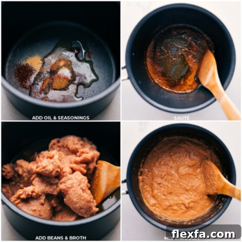 Process shots of seasoning being sautéed, followed by beans and broth being added for Bean and Cheese Burritos