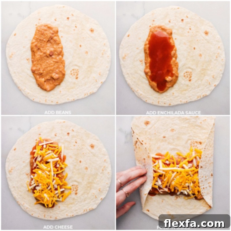 Process shots of beans layered in tortillas, followed by enchilada sauce and cheese