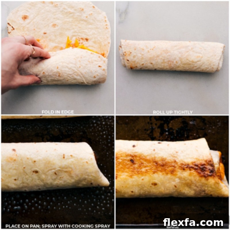 Process shots of the burrito being folded and baked to crispy perfection