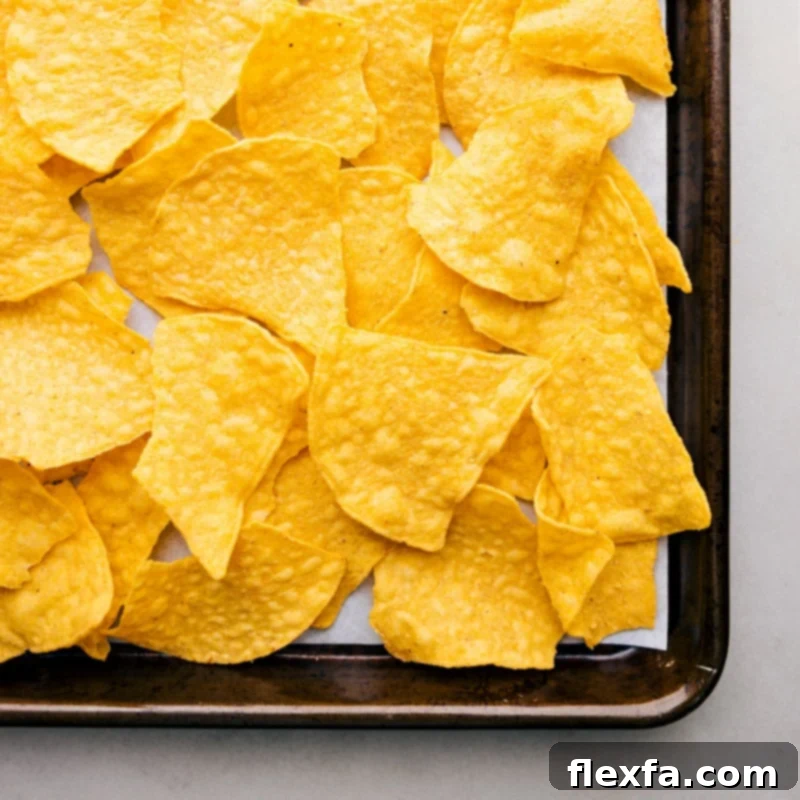 Overhead image of crispy tortilla chips being layered on a sheet pan, ready for toppings.