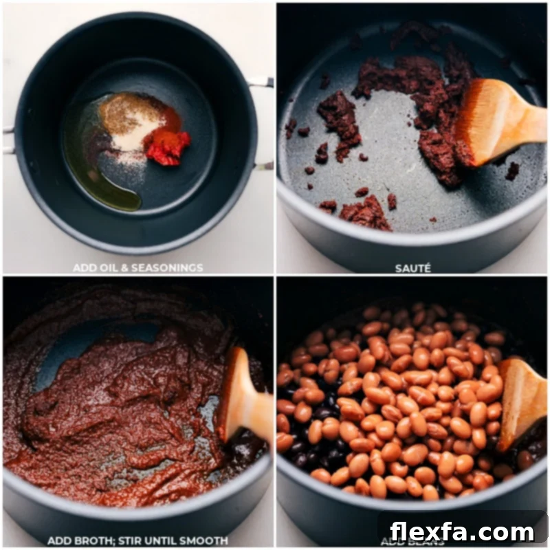 Process shots of sautéing seasonings and adding broth and beans to a pot for the nacho base.