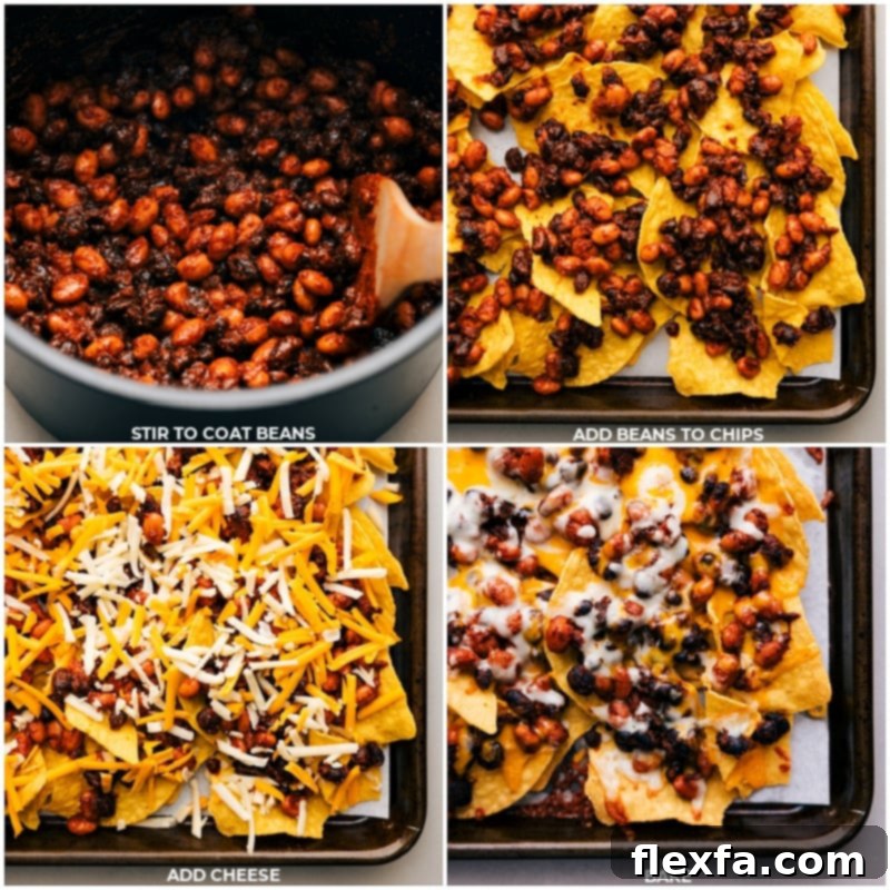 Process shots of layering beans and cheese onto tortilla chips and baking until golden.