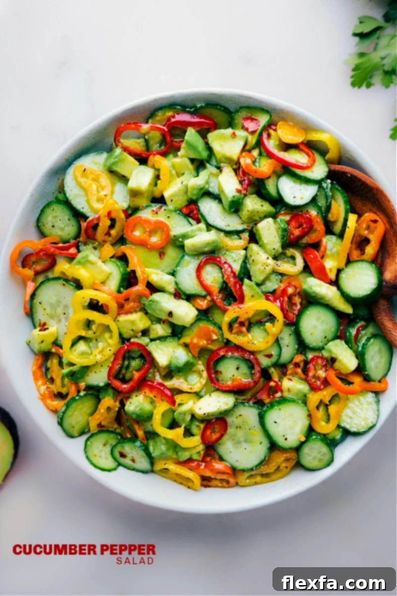 Cucumber Pepper Salad dressed in a bowl, showcasing its colorful ingredients and ready to be enjoyed.