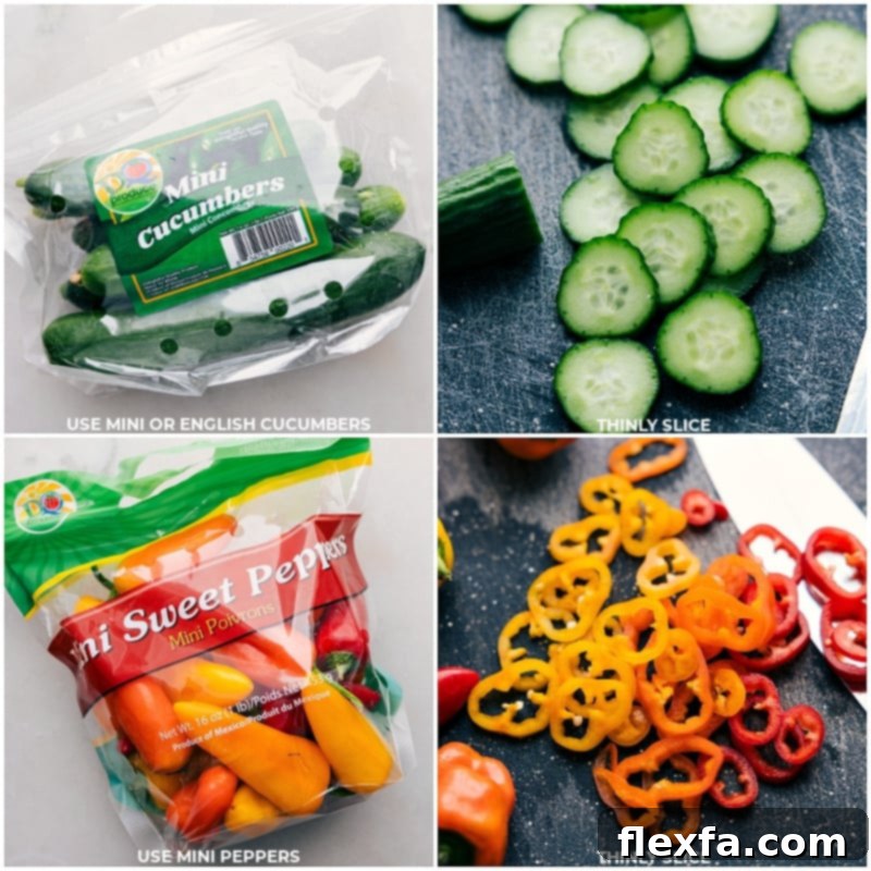 Cucumbers and peppers being expertly chopped on a cutting board, ready to be added to the vibrant Cucumber Pepper Salad dish.