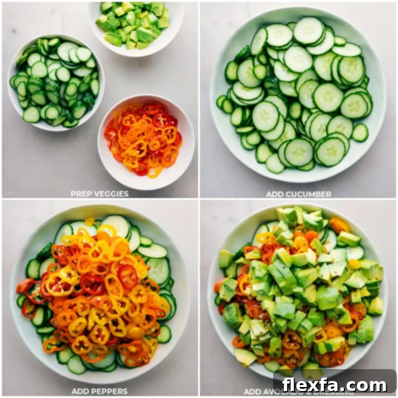 All the fresh veggies, including cucumbers, peppers, and avocado, being combined in a large bowl with the zesty dressing being poured over it for the Cucumber Pepper Salad.