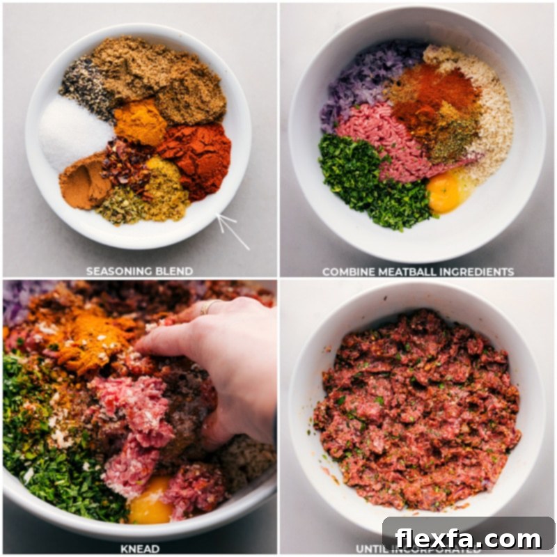 Spiced Beef Kofta 4 Process shots: images of all the meatball ingredients being combined in one bowl, showcasing fresh ingredients