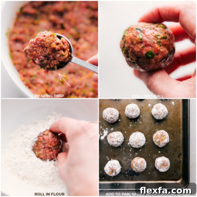 Spiced Beef Kofta 5 Process shots of Beef Kofta Meatballs: images of the meatballs being rolled out, then rolled in flour and baked to a golden char