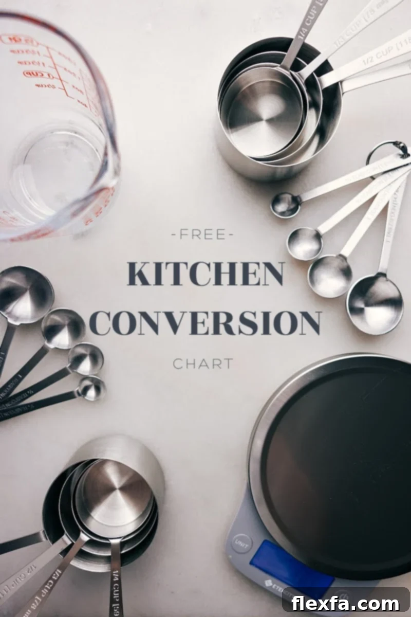 Free printable Kitchen Conversion Chart displayed with various measuring tools, essential for accurate cooking and baking.