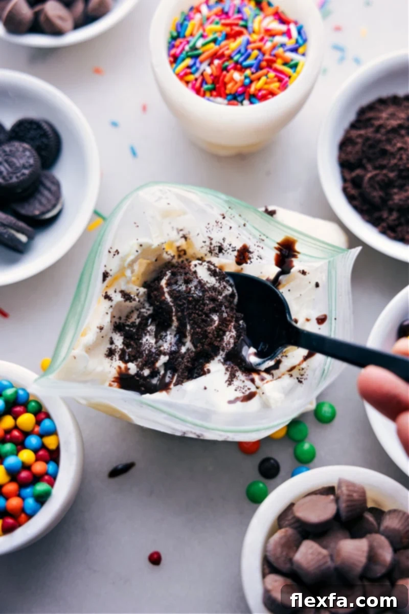 Make creamy, dreamy homemade Ice Cream In A Bag in minutes with this easy, no-machine recipe. Perfect for a quick treat or a fun activity! Overhead image of the ice cream in a bag ready to be served, showing its creamy texture and potential toppings