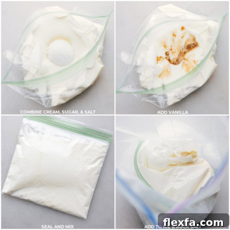 Combining the simple ingredients for your quick homemade Ice Cream In A Bag recipe. Process shots showing cream, sugar, salt, and vanilla being added to a small resealable bag, preparing the ice cream mixture
