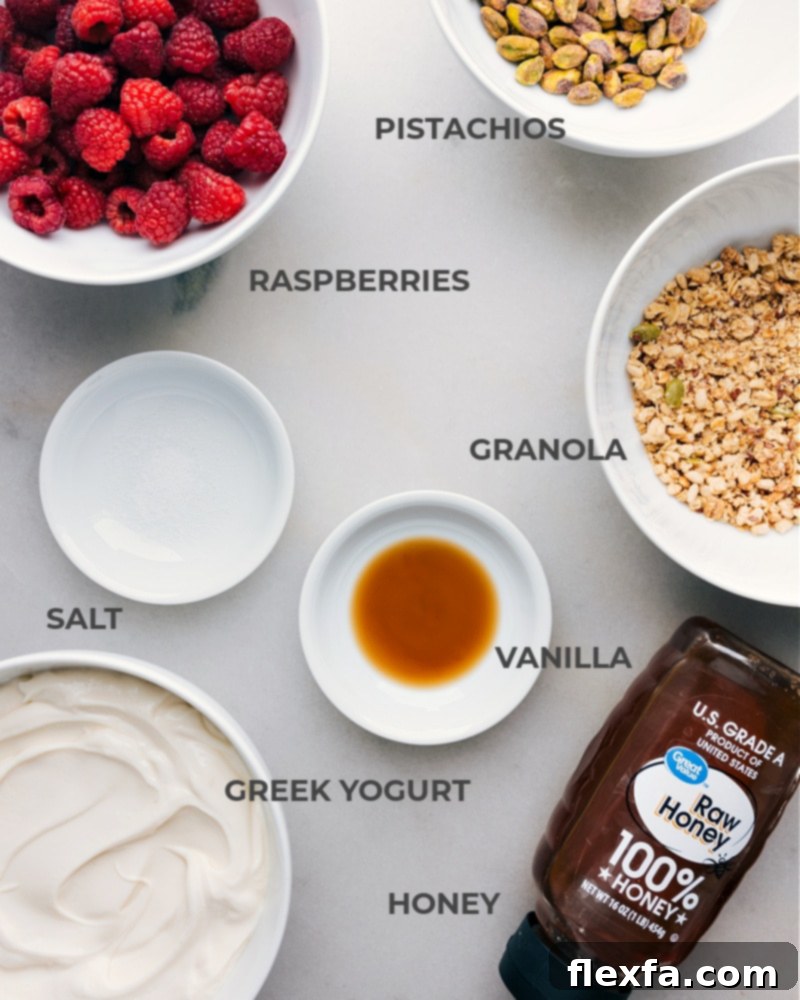 Ingredient shot - image of all the fresh ingredients used in this Yogurt Bark recipe laid out aesthetically
