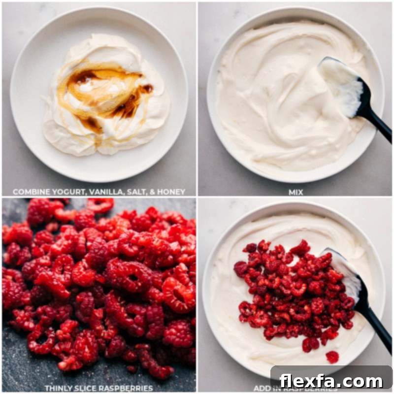Process shots - images of the yogurt, vanilla, salt, honey, and thinly sliced raspberries all being combined in a bowl