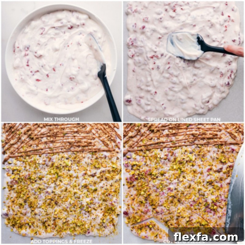 Process shots of Yogurt Bark - image of the yogurt being spread out on a sheet pan, toppings being applied, and the bark ready to be frozen