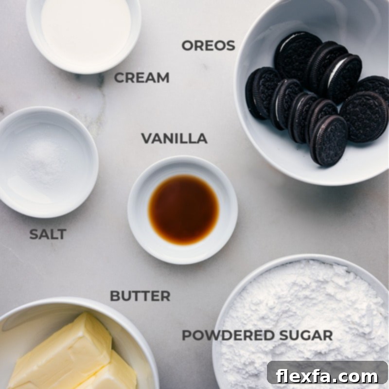 Gather your ingredients for this easy and delightful Oreo Frosting recipe. Close-up shot of all the essential ingredients for making Oreo Frosting laid out on a clean surface.