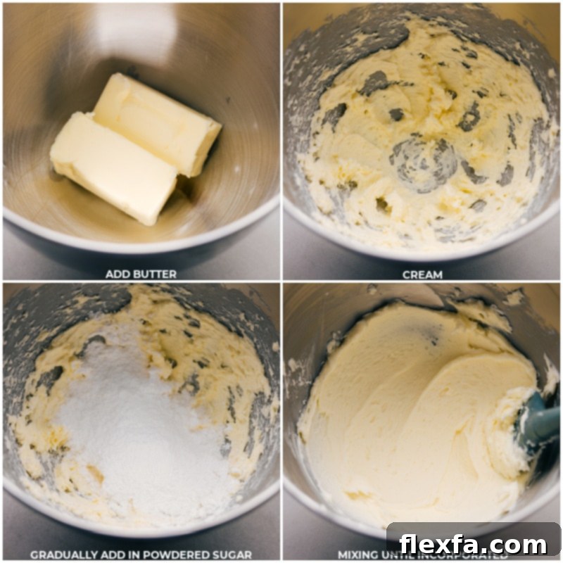 Making Oreo Frosting: from creaming butter to mixing in powdered sugar for a smooth base. Process images showing butter being creamed in a stand mixer, followed by powdered sugar being gradually mixed in.