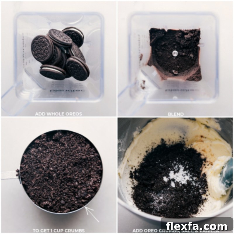 The key steps to perfect Oreo Frosting: finely crushed Oreos, vanilla, and salt for balanced flavor. Process images illustrating Oreos being blended into fine crumbs, then added to the frosting mixture along with vanilla extract and a pinch of salt.