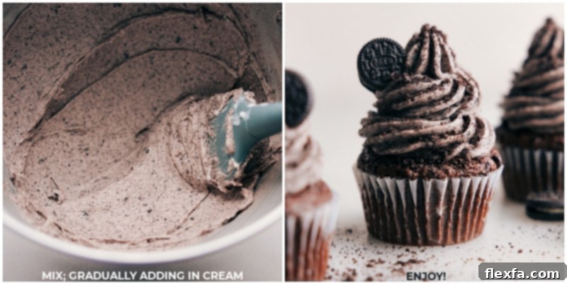 Our favorite Oreo Frosting, perfect in the bowl and on a cupcake. Two images: one showing fluffy Oreo Frosting in a mixing bowl, and another showcasing the frosting beautifully piped onto a cupcake.