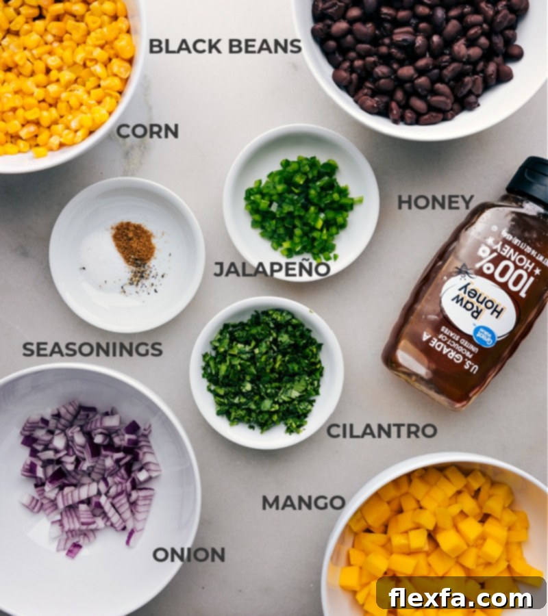 Ingredients In Mango Black Bean Salsa Various fresh ingredients for Mango Black Bean Salsa laid out, including vibrant mango cubes, black beans, corn kernels, red onion, cilantro, and jalapeño, prepped and ready for mixing.
