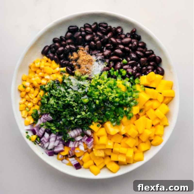 How To Make Mango Black Bean Salsa All the finely diced ingredients for Mango Black Bean Salsa are combined in a large mixing bowl, ready to be tossed together to create the vibrant dip.