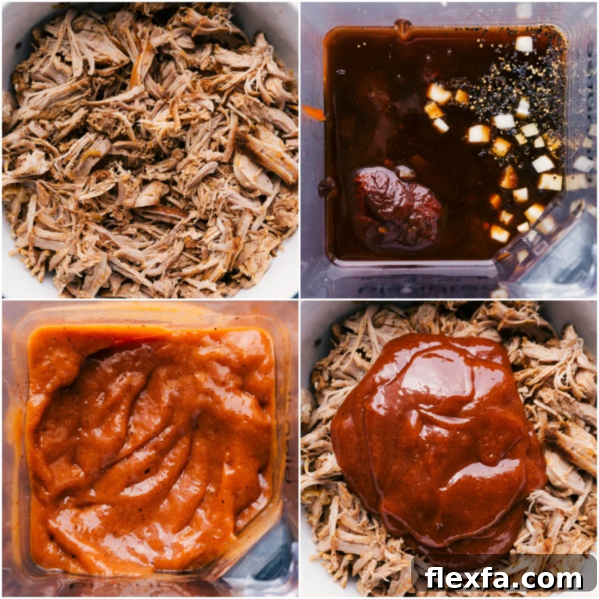 Close-up of perfectly shredded pulled pork mixed with a rich BBQ sauce, ready to be served in sandwiches.