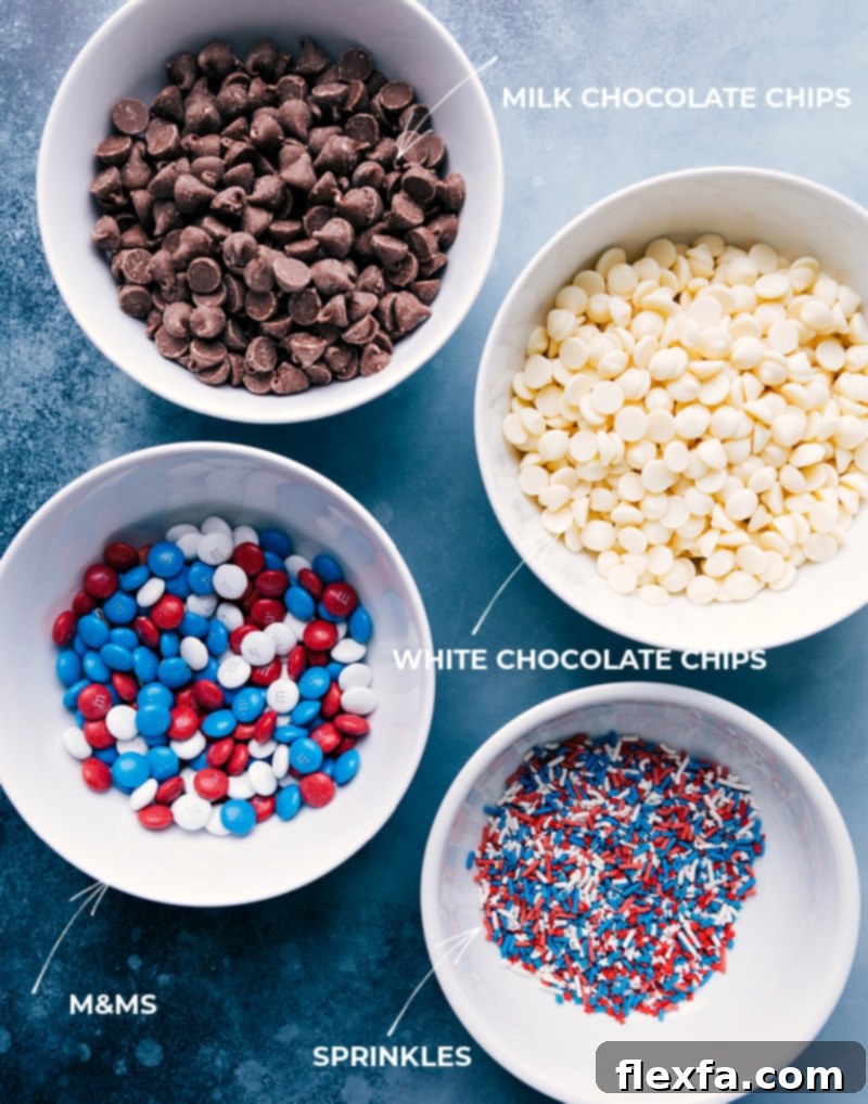 Ingredients laid out for making 4th of July Bark including milk chocolate chips, white chocolate chips, M&Ms, and sprinkles.