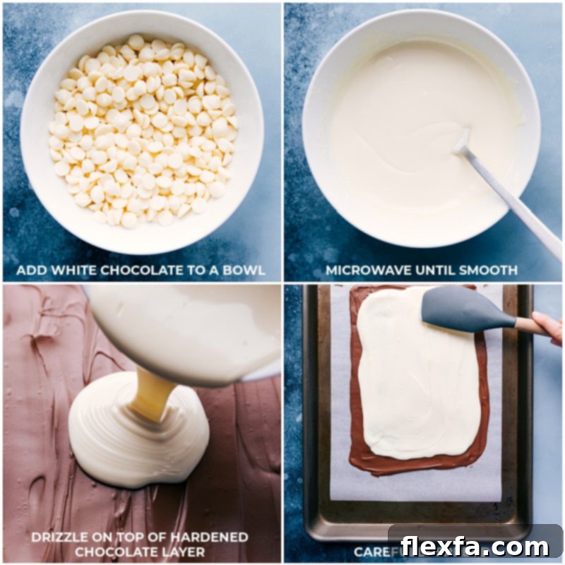 Process shots showing melted white chocolate being poured over a set milk chocolate layer for bark.