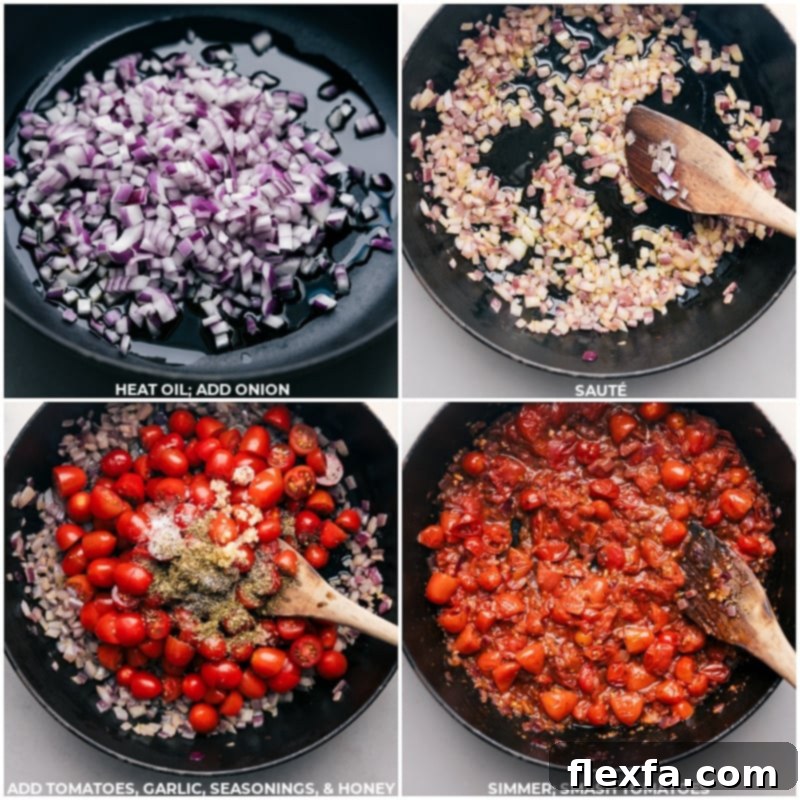 Process shots: Sautéing onions and adding tomatoes, garlic, seasonings, and honey for the Caprese Pasta sauce