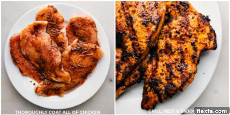 Chicken with rub applied, then shown grilled and ready to be served.