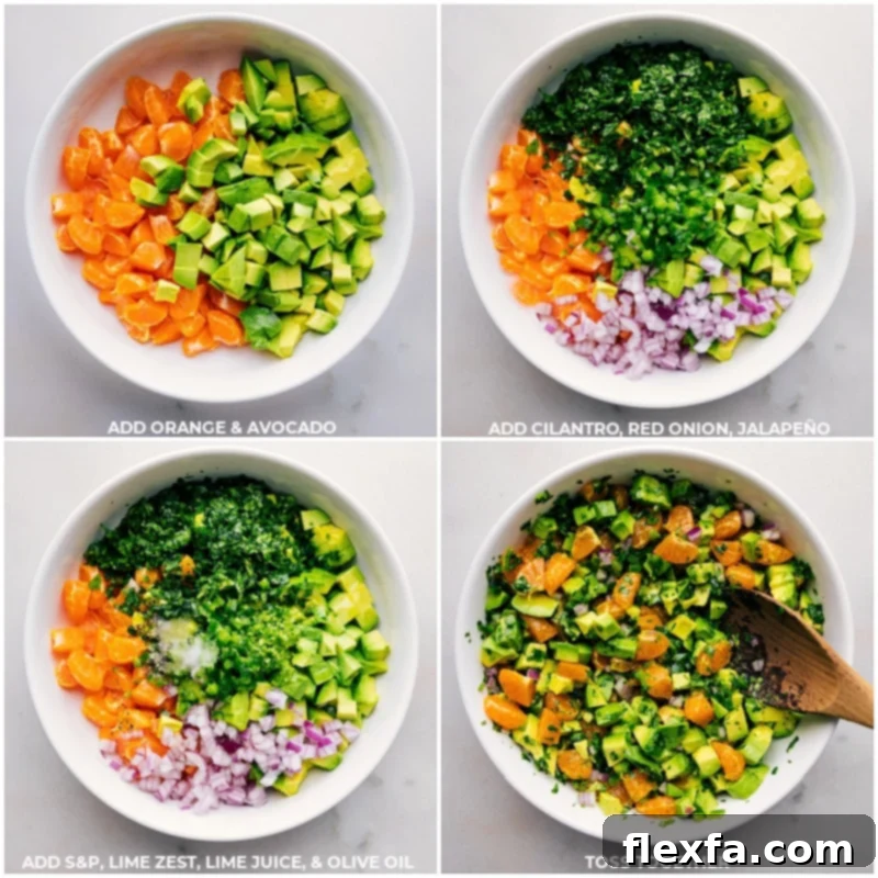 Step-by-step images showing ingredients being added to a bowl to make Avocado-Orange Salsa