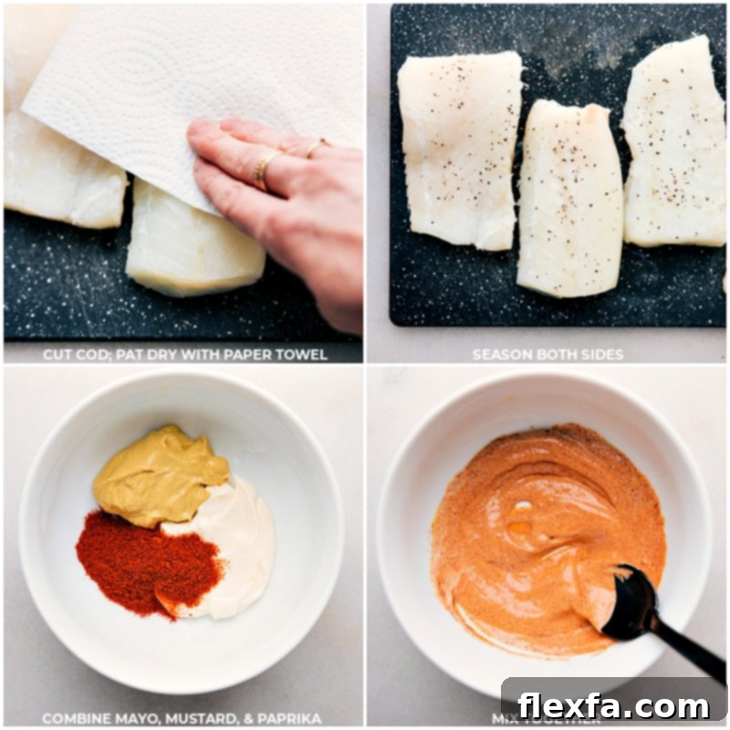 A two-part process shot showing fresh cod fillets being gently patted dry with paper towels, followed by a bowl where Dijon mustard, mayonnaise, and paprika are being whisked together to form the creamy sauce for the fish.