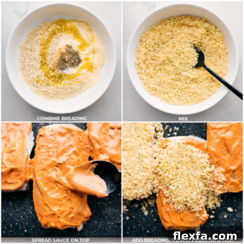 A series of process shots depicting the making of the crispy topping for baked cod, including combining panko, Parmesan, and spices, then applying the mayo-mustard sauce to the cod, and finally coating the fish generously with the breading mixture before baking.