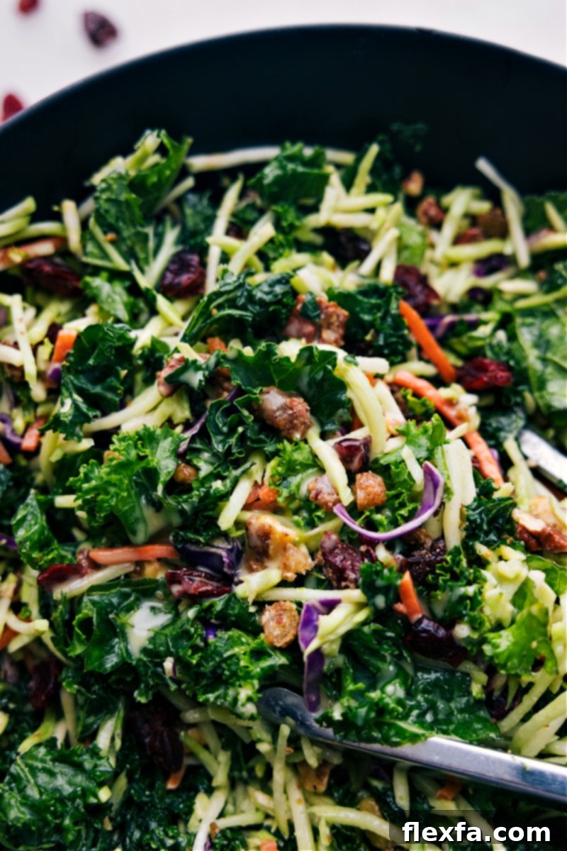 Overhead image of a beautifully presented Kale Cranberry Pecan Salad, ready to be served