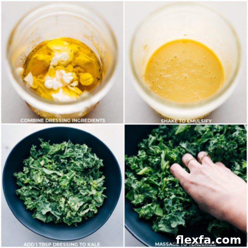 Process shots: mixing the tangy honey-mustard dressing in a jar and massaging fresh kale with a small amount of dressing