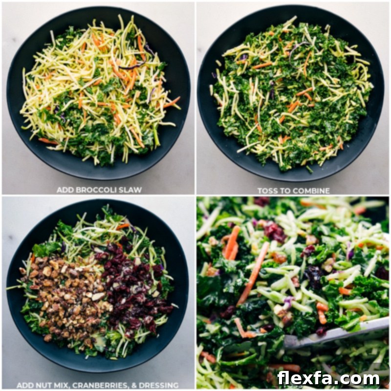 Process shots showing broccoli slaw, maple pecan mix, dried cranberries, and dressing being tossed together in a large salad bowl