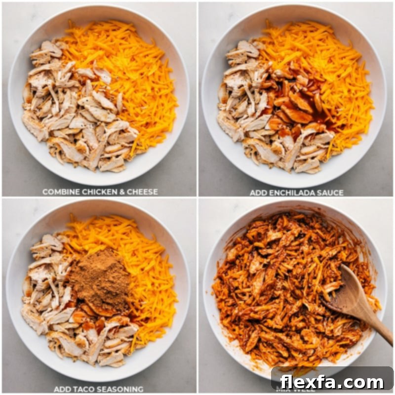 Process shots of preparing Crispy Chicken Wraps, showing shredded chicken, cheese, enchilada sauce, and taco seasonings being mixed in a large bowl, ready for assembly.