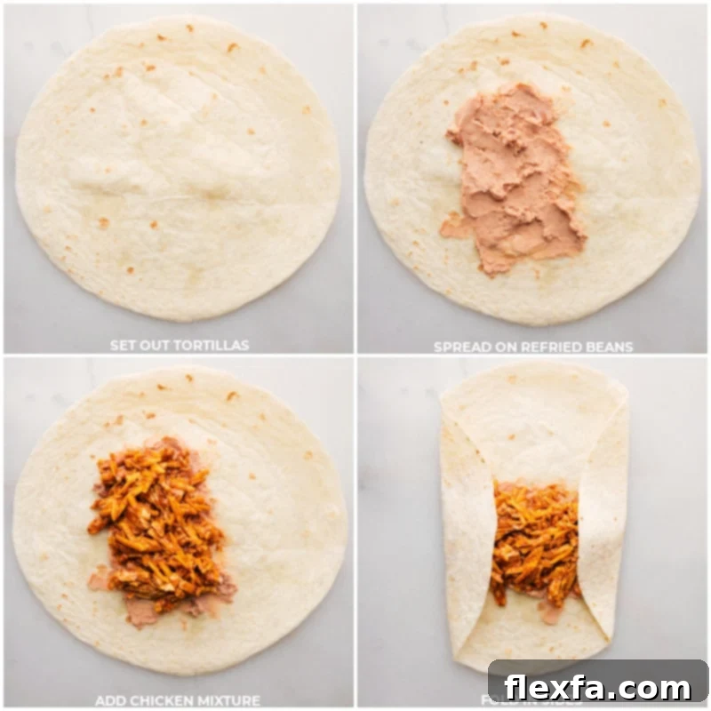 Process shots showing creamy refried beans and the savory chicken mixture being carefully layered onto the large flour tortillas before they are expertly folded for cooking.