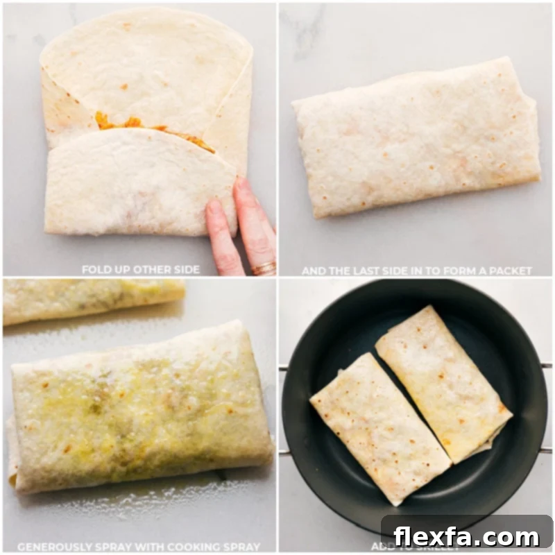 Process shots showing the crispy chicken wraps being cooked and browned to perfection on all sides in a non-stick skillet.