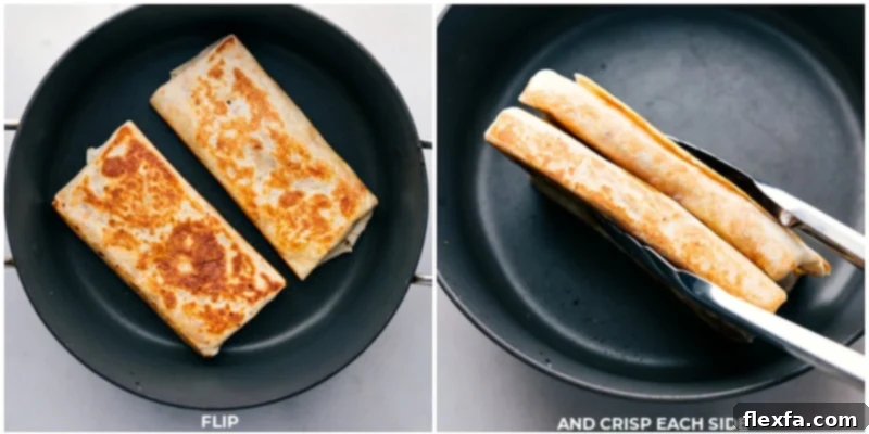 Process shots showing all sides of a Crispy Chicken Wrap being cooked and browned in a skillet for maximum crispiness, highlighting the golden-brown perfection.