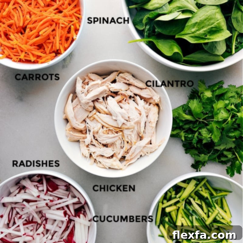 A vibrant array of fresh ingredients for Thai Chicken Wraps laid out on a table, including shredded chicken, various vegetables, tortillas, and sauces.
