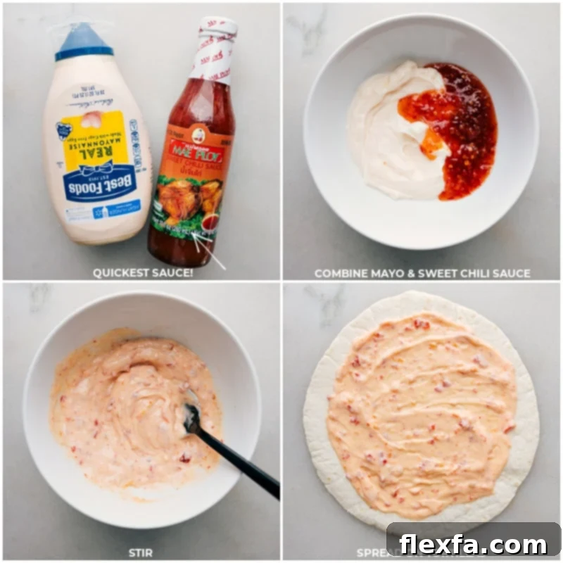 A tortilla being spread with a creamy, vibrant sweet chili sauce, preparing for the fillings of these Thai Chicken Wraps.