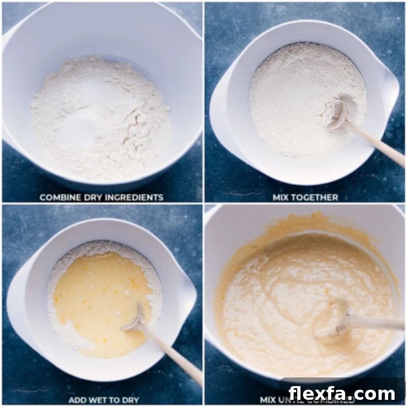 A series of process photos showing dry and wet ingredients being mixed together in separate bowls for the lemon bread batter, leading to a smooth final mixture.