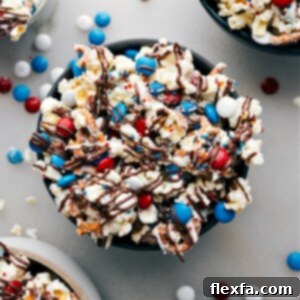 Finished 4th of July Popcorn in a bowl, with a recipe card icon
