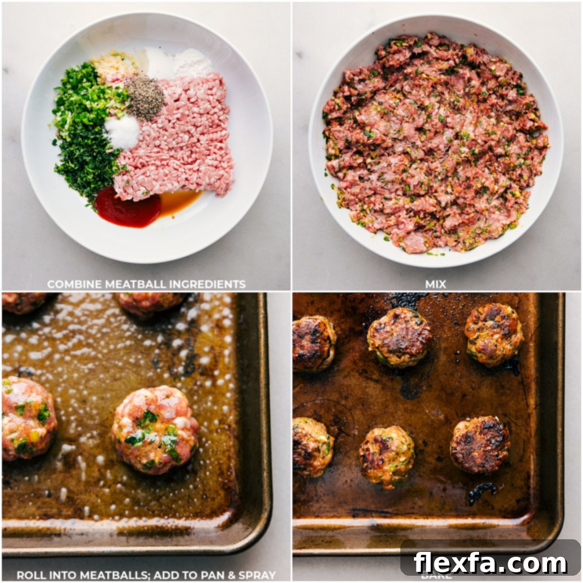 Mix meatball ingredients, shape into uniform balls, and bake to perfection.