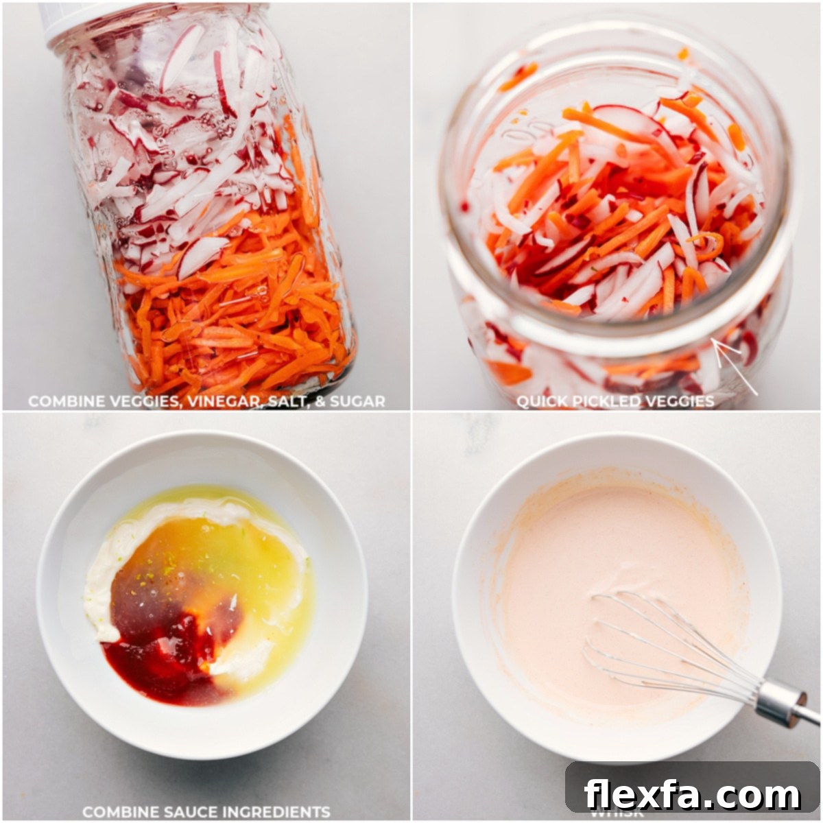 Vegetables, vinegar, salt, and sugar combined in a Mason jar for pickling, alongside sauce ingredients being whisked together.