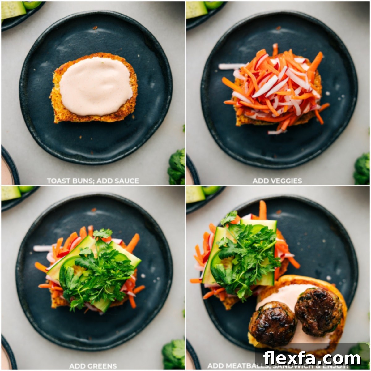 Toasted buns being layered with pickled veggies, tangy sauce, and topped with a succulent meatball banh mi for the final assembly.