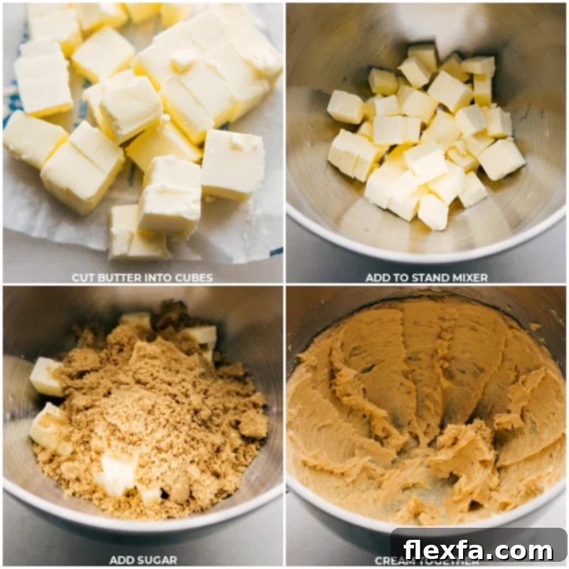 Process shot showing butter and light brown sugar being creamed together in a stand mixer, creating a smooth, light mixture.